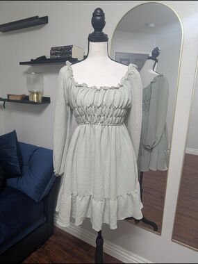 Smocked Ruffle Long-Sleeve Mini Dress in Sage Green